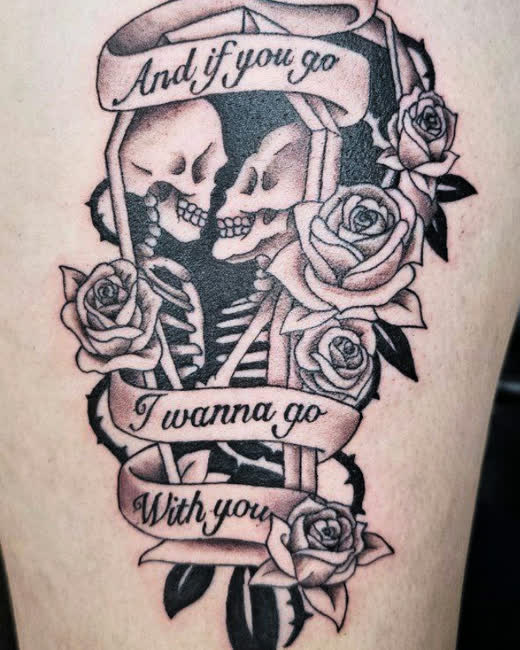Skeletons and roses with lettering, by an Ink Different Apprentice