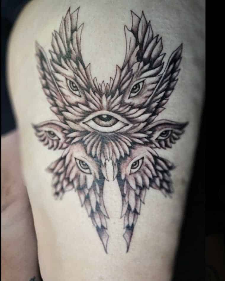 Black and grey feathered piece, by an Ink Different Apprentice